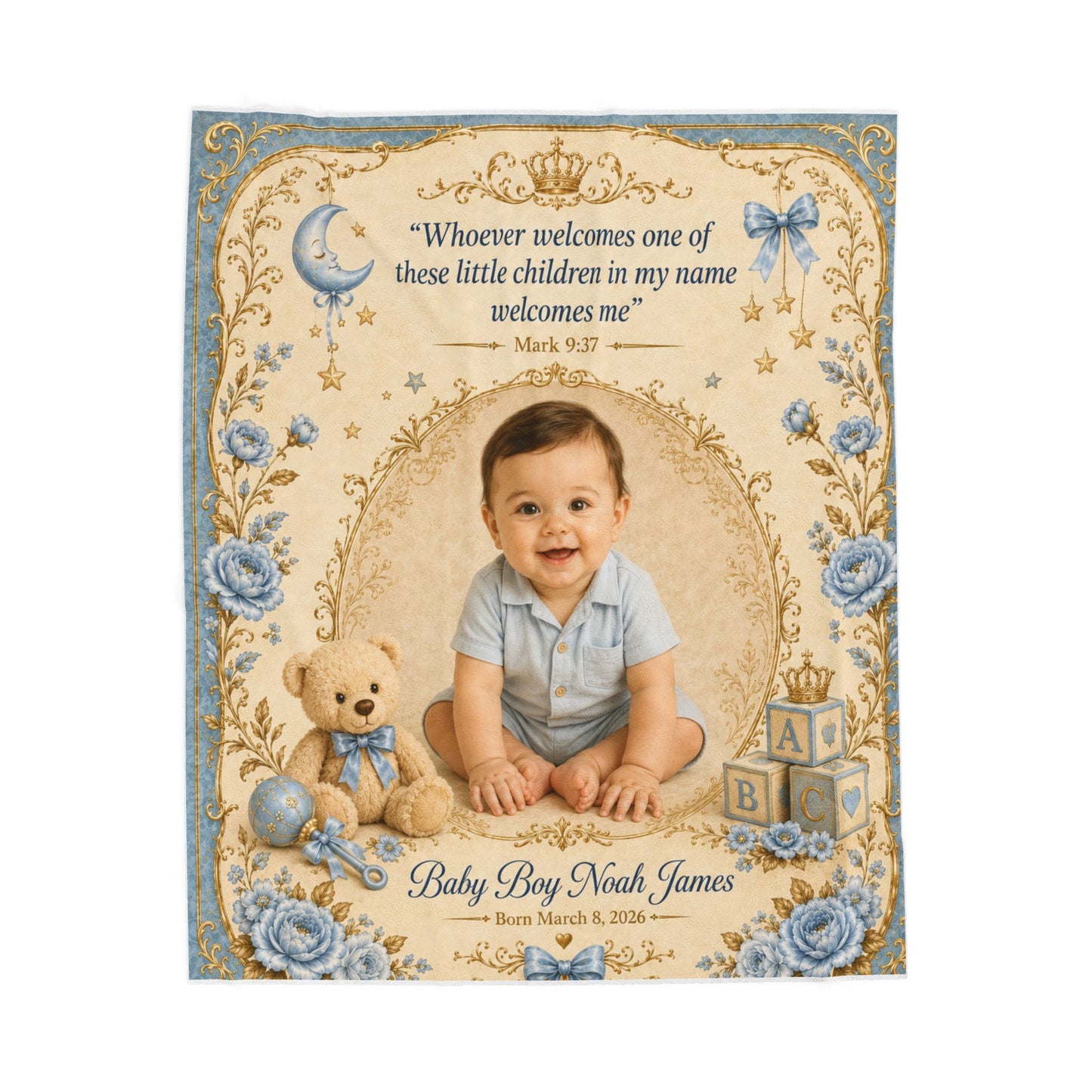 Personalized Photo Velveteen Blanket — Custom Name & Date with Scripture Mark 9:37