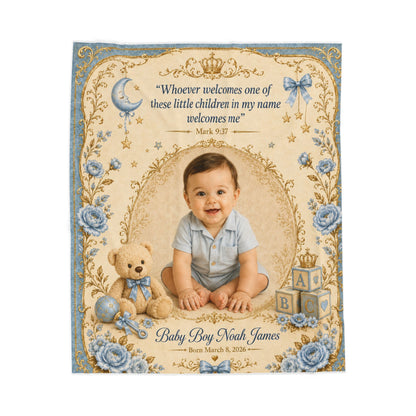 Personalized Photo Velveteen Blanket — Custom Name & Date with Scripture Mark 9:37
