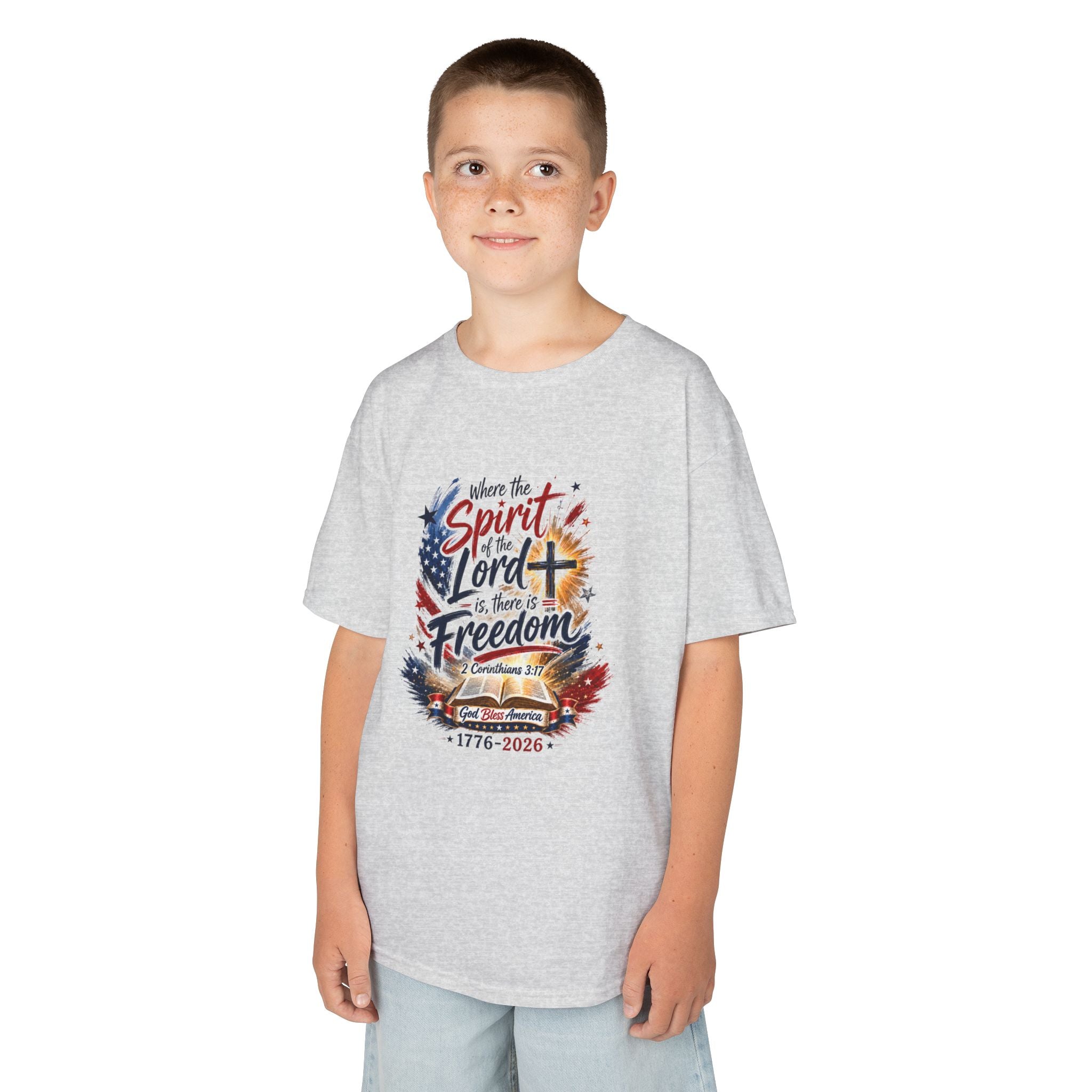 Kids Tee — "Where the Spirit of the Lord + Freedom" Patriotic Christian 4th of July Shirt