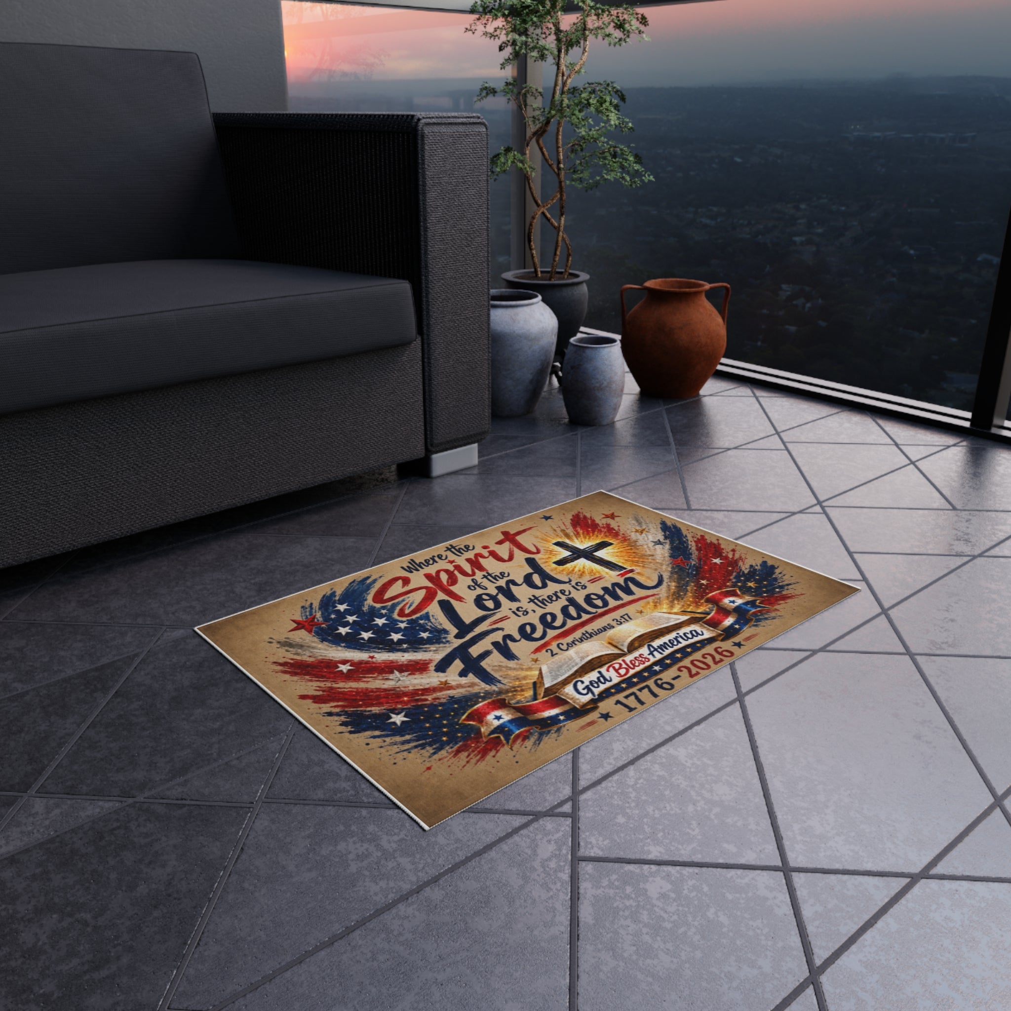 Patriotic Faith Outdoor Rug — “Where the Spirit of the Lord is, There is Freedom” (God Bless America 1776–2026)