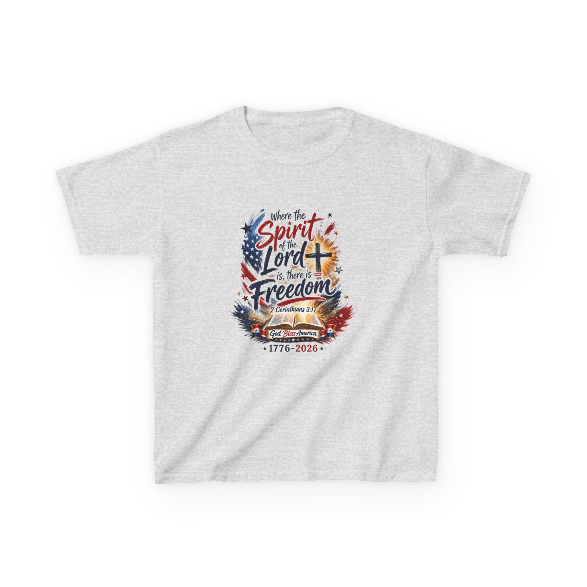 Kids Tee — "Where the Spirit of the Lord + Freedom" Patriotic Christian 4th of July Shirt