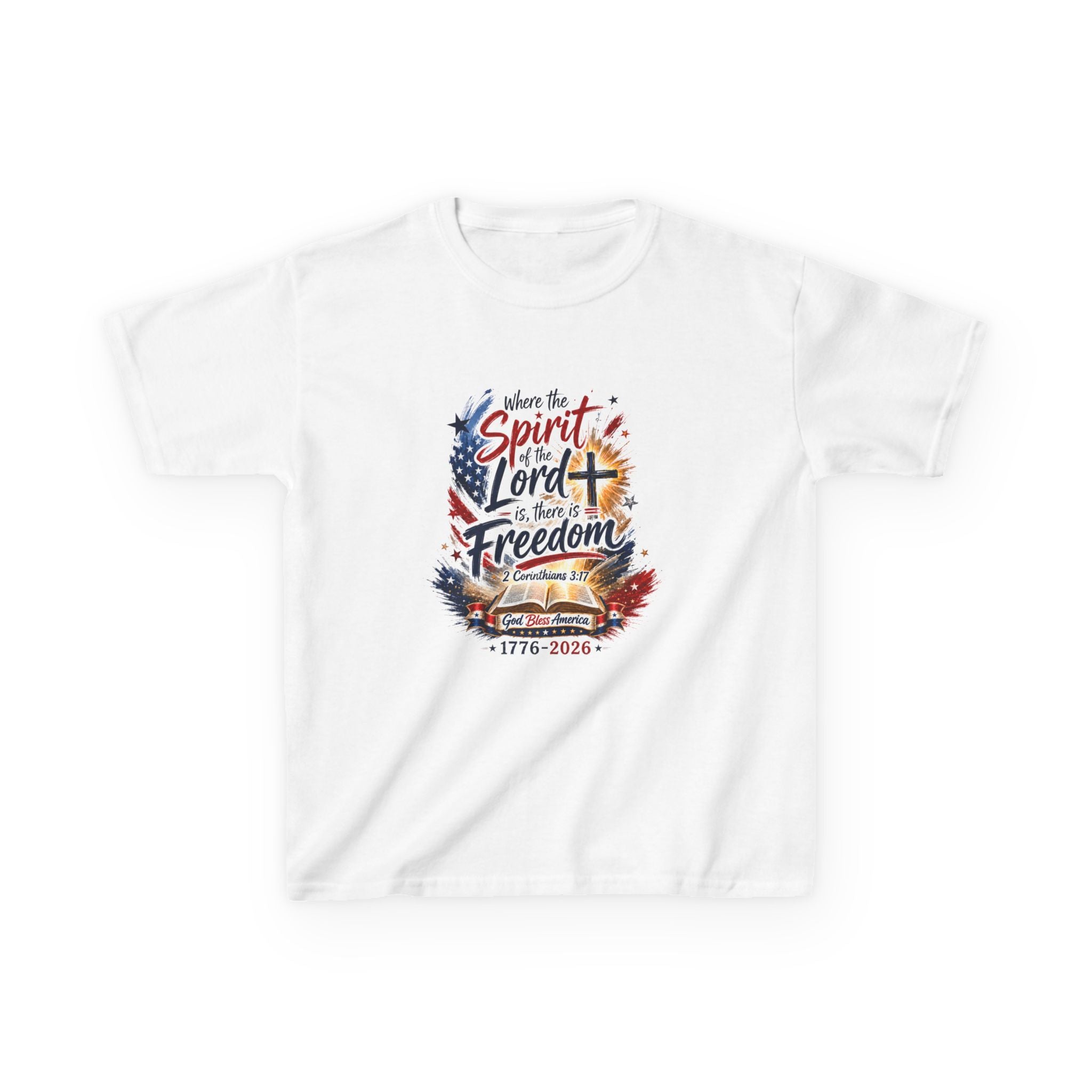 Kids Tee — "Where the Spirit of the Lord + Freedom" Patriotic Christian 4th of July Shirt