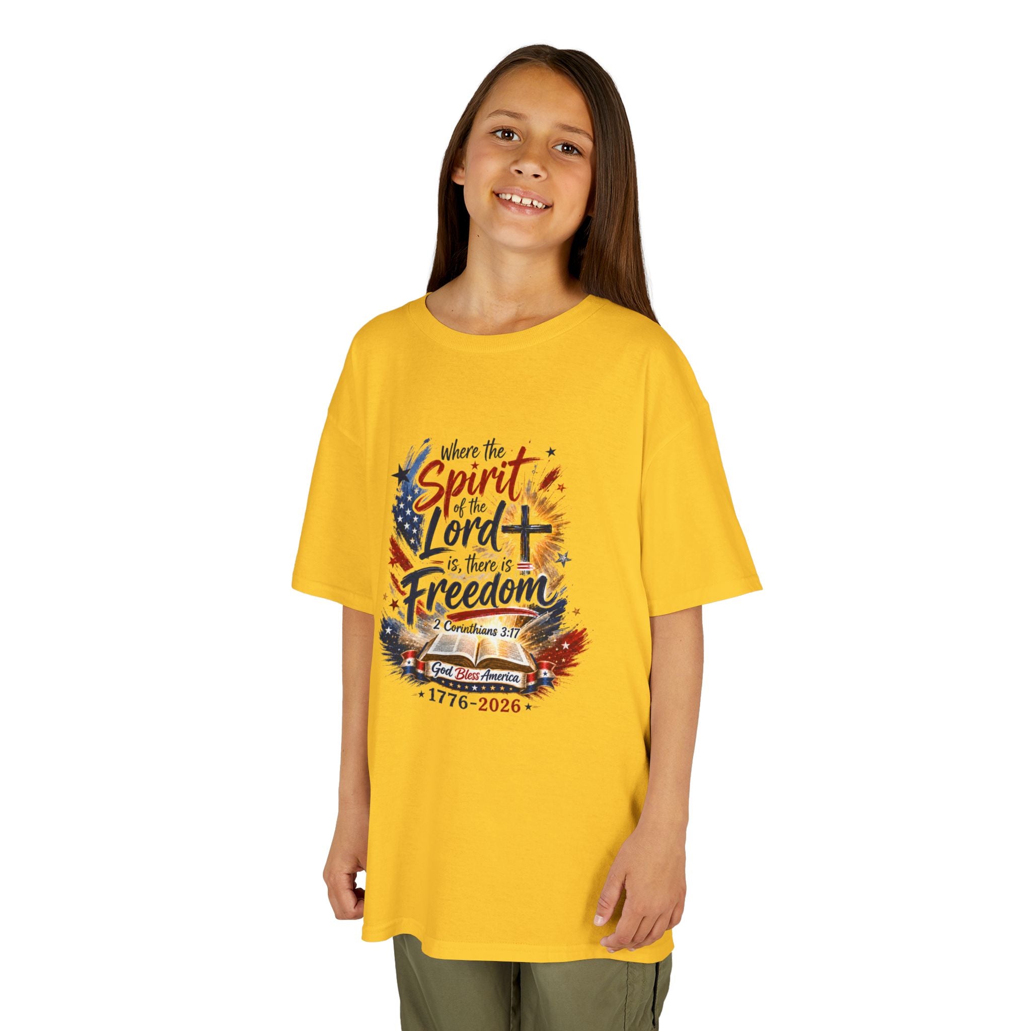 Kids Tee — "Where the Spirit of the Lord + Freedom" Patriotic Christian 4th of July Shirt