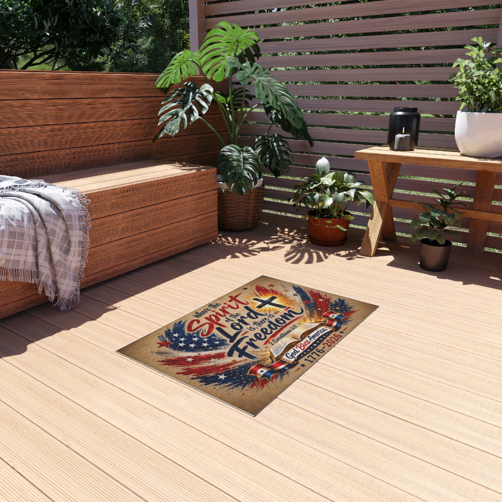 Patriotic Faith Outdoor Rug — “Where the Spirit of the Lord is, There is Freedom” (God Bless America 1776–2026)