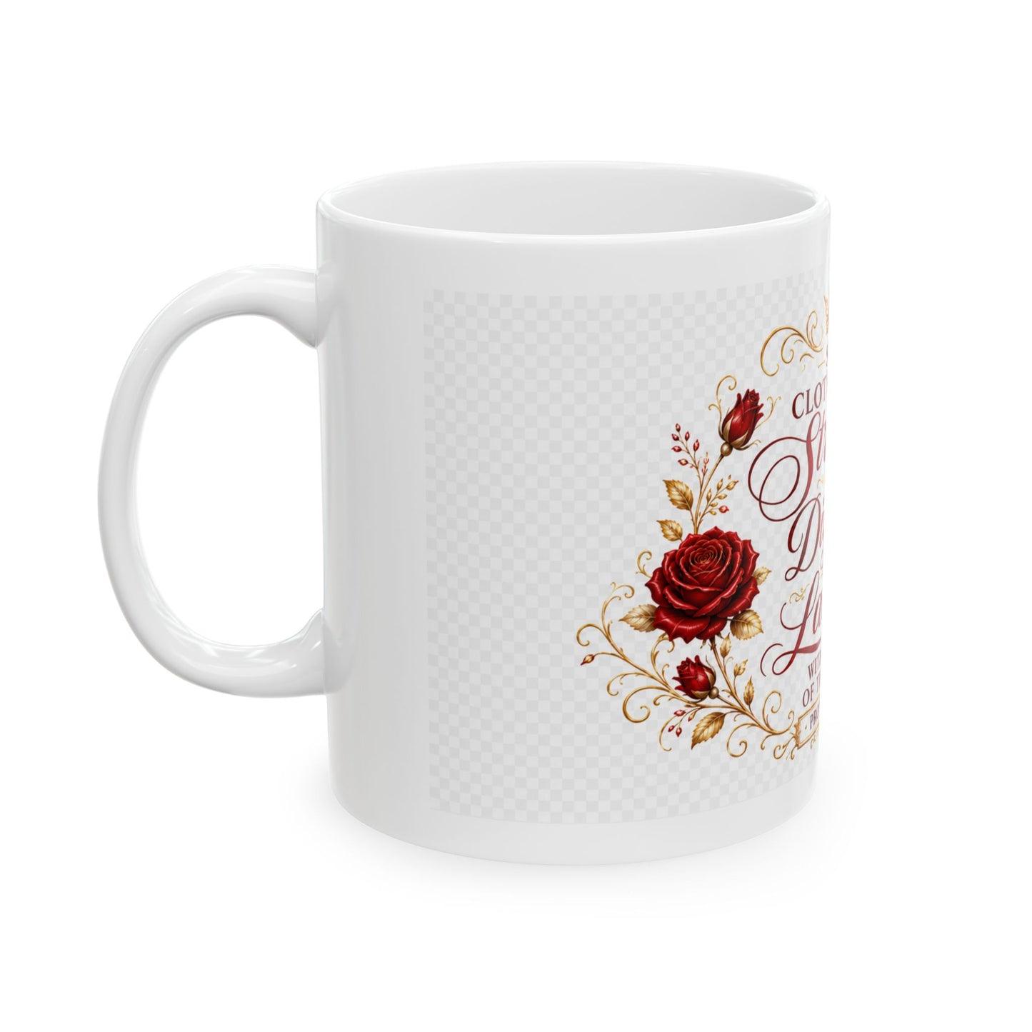 Red She Is Clothed with Strength & Dignity Ceramic Mug – Proverbs 31 Inspirational Coffee Cup