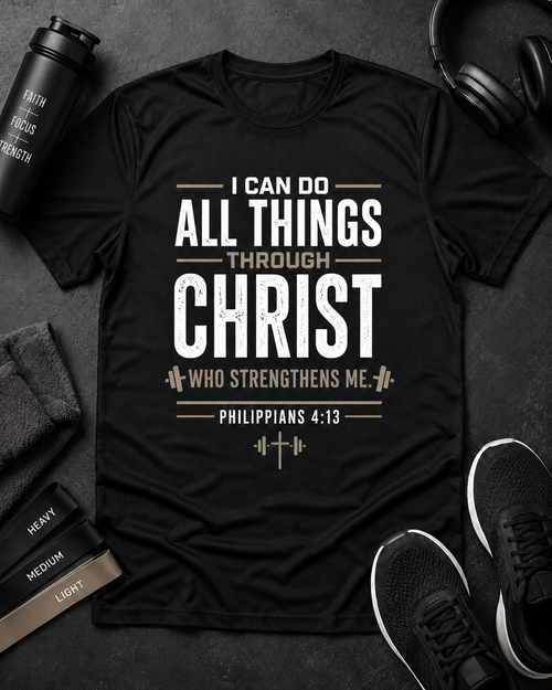 Christian Workout Tee — "I Can Do All Things Through Christ" Philippians 4:13 Fitness Shirt