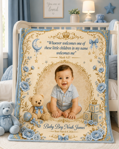 Personalized Photo Velveteen Blanket — Custom Name & Date with Scripture Mark 9:37