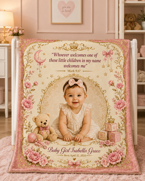 Personalized Photo Velveteen Blanket — Custom Name & Date with Mark 9:37 Scripture