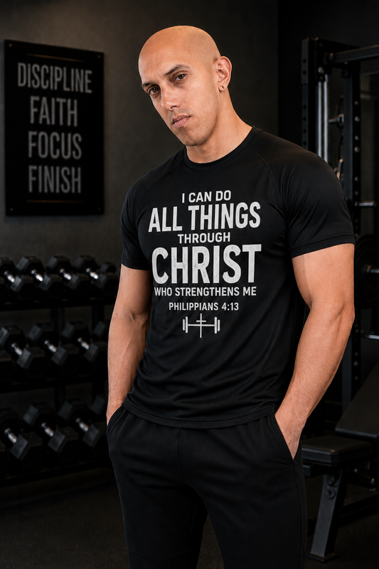 Christian Workout Tee — "I Can Do All Things Through Christ" Philippians 4:13 Fitness Shirt