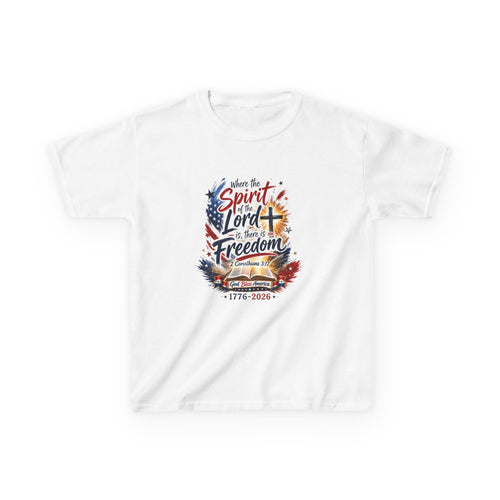 Kids Tee — "Where the Spirit of the Lord + Freedom" Patriotic Christian 4th of July Shirt
