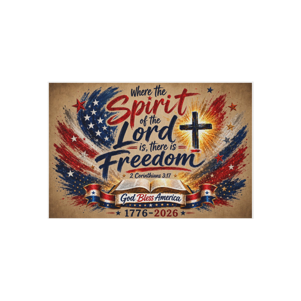 Patriotic Faith Outdoor Rug — “Where the Spirit of the Lord is, There is Freedom” (God Bless America 1776–2026)