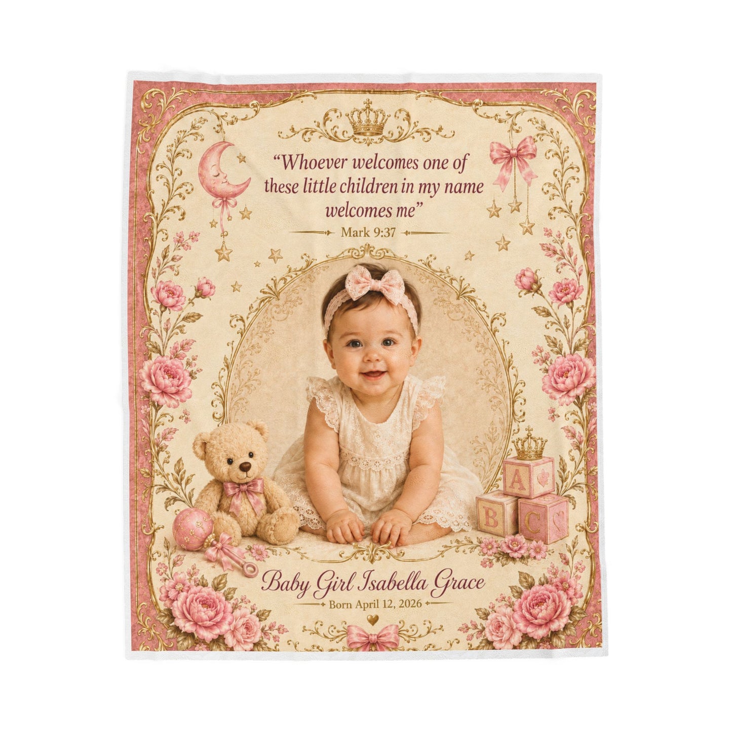 Personalized Photo Velveteen Blanket — Custom Name & Date with Mark 9:37 Scripture