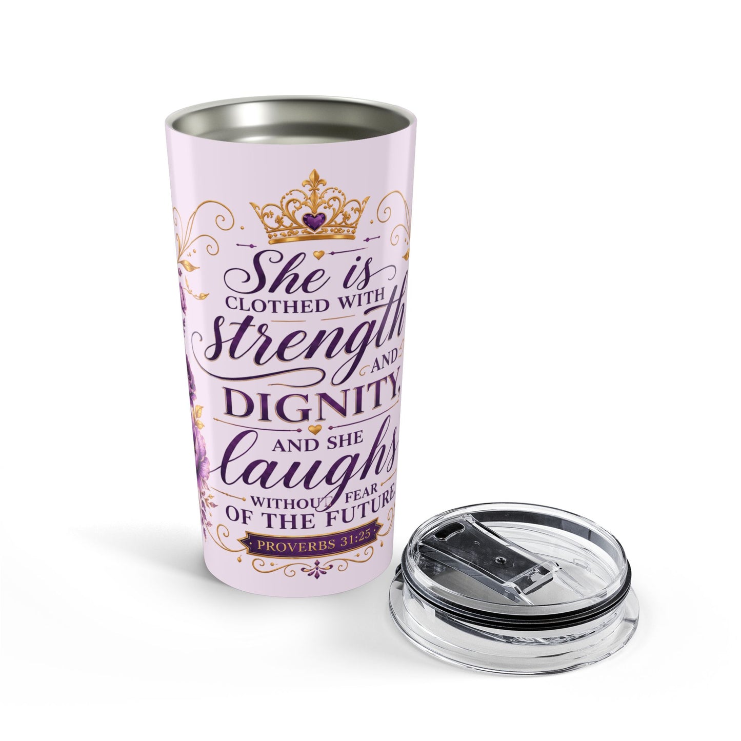 20oz Inspirational Tumbler — "She Is Clothed with Strength and Dignity" Christian Verse Travel Mug