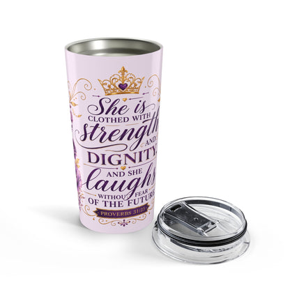 20oz Inspirational Tumbler — "She Is Clothed with Strength and Dignity" Christian Verse Travel Mug