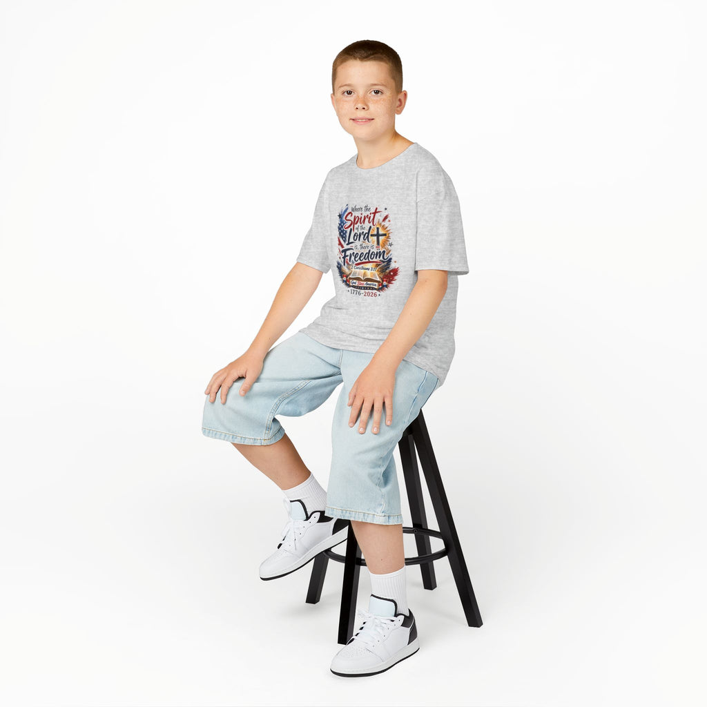 Kids Tee — "Where the Spirit of the Lord + Freedom" Patriotic Christian 4th of July Shirt