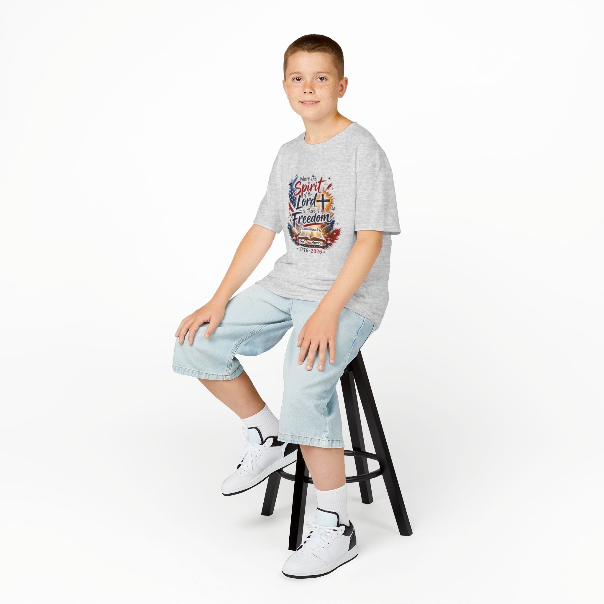 Kids Tee — "Where the Spirit of the Lord + Freedom" Patriotic Christian 4th of July Shirt